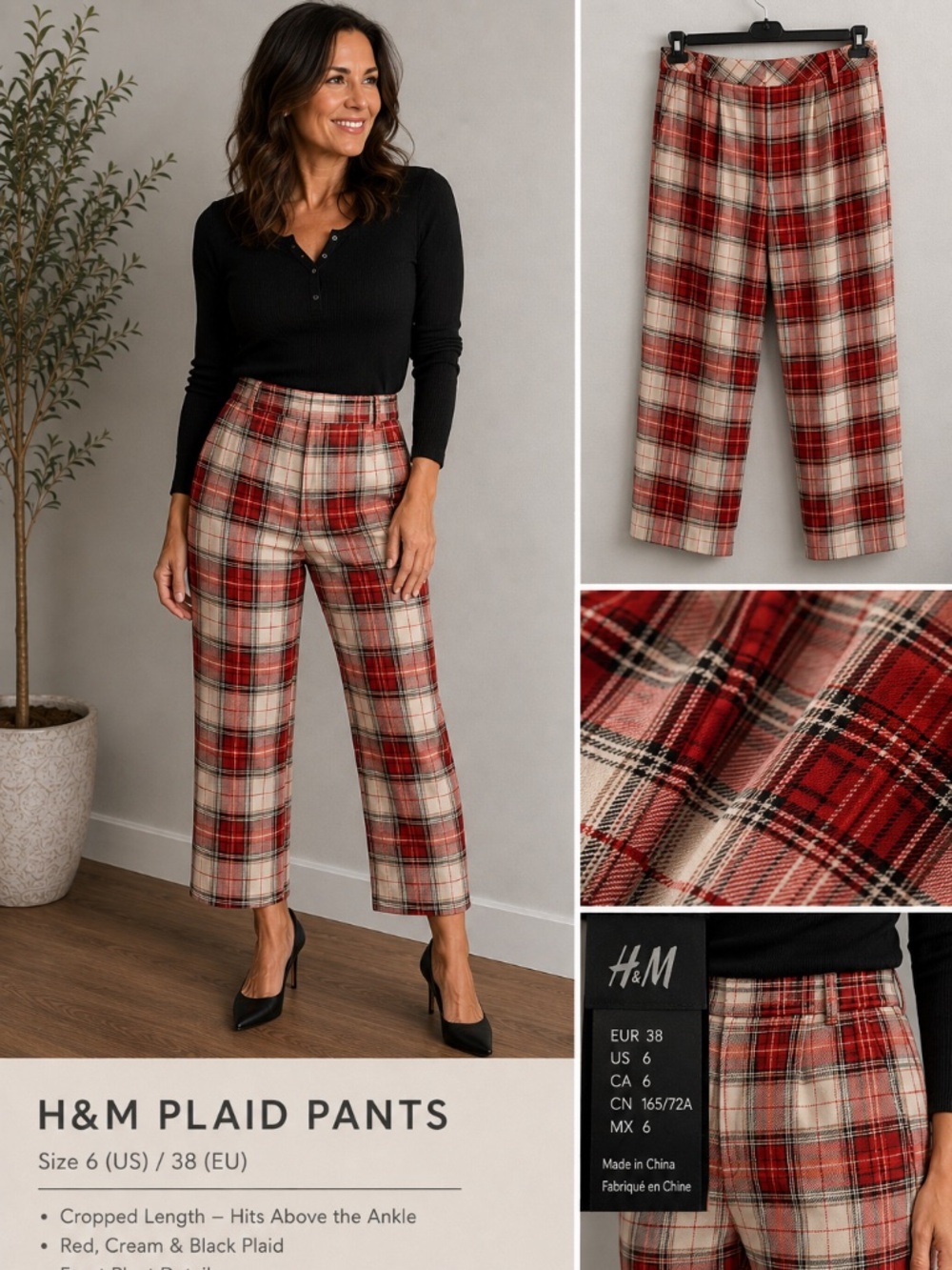 H&M Plaid Cropped Ankle Pants Red Tartan High Rise Size 6 EUC